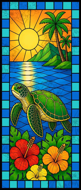 Stained glass sea turtle swimming beneath a tropical island sunrise with hibiscus flowers, palm trees, and vibrant ocean blues.