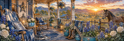 Sunset Ranch Porch Retreat by Kelly Reins featuring a luxury western ranch porch with turquoise décor, denim quilts, white roses, bluebonnets, lanterns, a horse, and a mountain sunset.