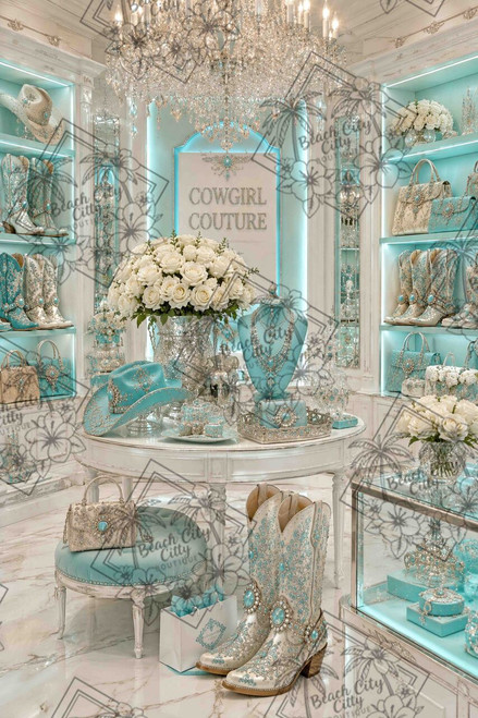 Cowgirl Couture Boutique by Kelly Reins featuring crystal chandeliers, turquoise cowboy boots, western handbags, jewelry displays, and elegant cowgirl fashion.
