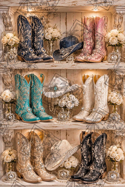 Designer Cowboy Boot Collection by Kelly Reins featuring embroidered cowboy boots in turquoise, ivory, blush, navy, gold, and black with sparkling western accessories.
