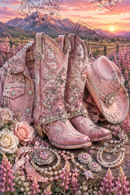 Blush Mountain Cowgirl by Kelly Reins featuring blush pink cowboy boots, turquoise jewelry, western accessories, white roses, and a mountain sunset.