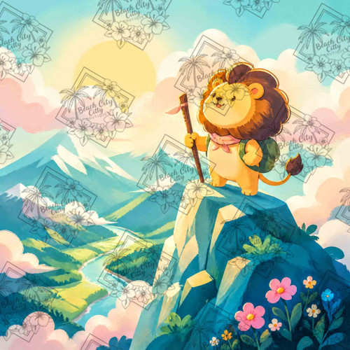 Cute backpacking lion standing proudly on a mountain peak overlooking a sunny valley with rivers, wildflowers, and snow-capped mountains.