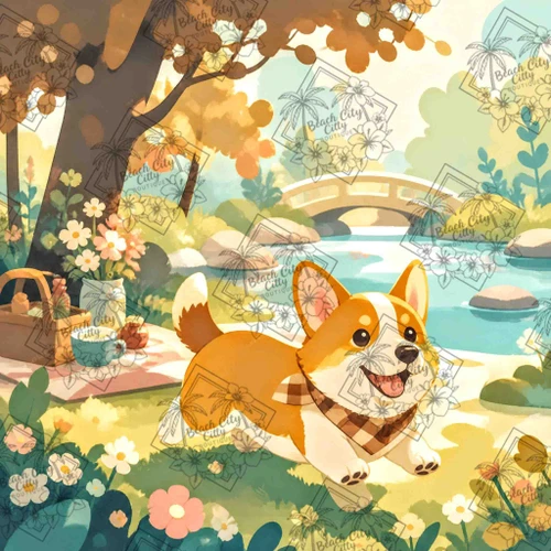 Happy corgi running through a sunny riverside park beside a picnic blanket and flower-filled meadow.