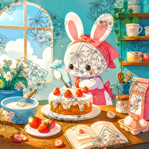 Cute bunny decorating a strawberry cake in a bright bakery kitchen with fresh strawberries and baking supplies.