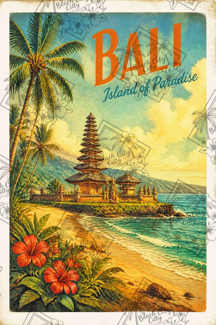 Bali Island Paradise by 1000 No Kotoba featuring a traditional Balinese temple overlooking the ocean with palm trees, tropical flowers, and golden beaches.