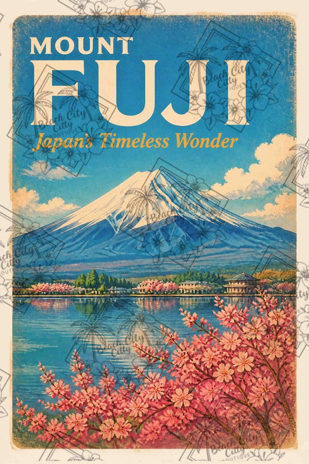 Mount Fuji in Bloom by 1000 No Kotoba featuring snow-capped Mount Fuji reflected across a lake with blooming cherry blossoms in the foreground.