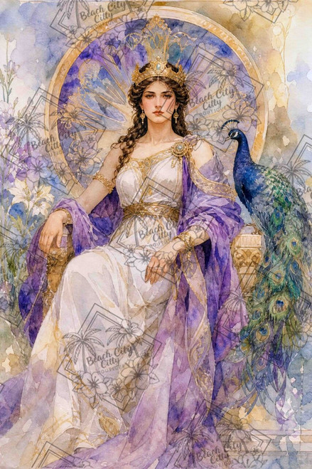 Hera Queen of Olympus by 1000 No Kotoba featuring the Greek goddess seated on a royal throne beside her sacred peacock in elegant watercolor style.
