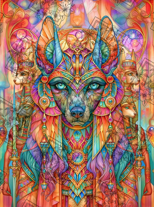 Colorful Egyptian jackal guardian standing within an ornate fantasy temple inspired by ancient mythology.