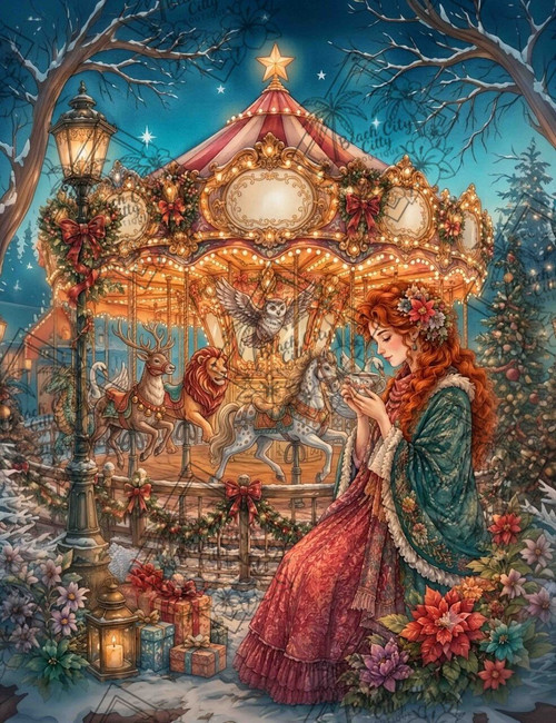 Woman holding a warm drink beside a beautifully decorated vintage carousel surrounded by flowers and woodland animals.