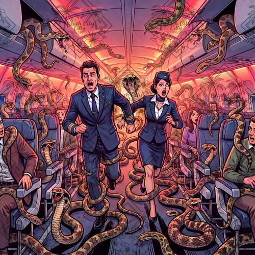 Snakes by Kristin Schwenke Block featuring frightened airline crew and passengers escaping venomous snakes filling an airplane cabin.