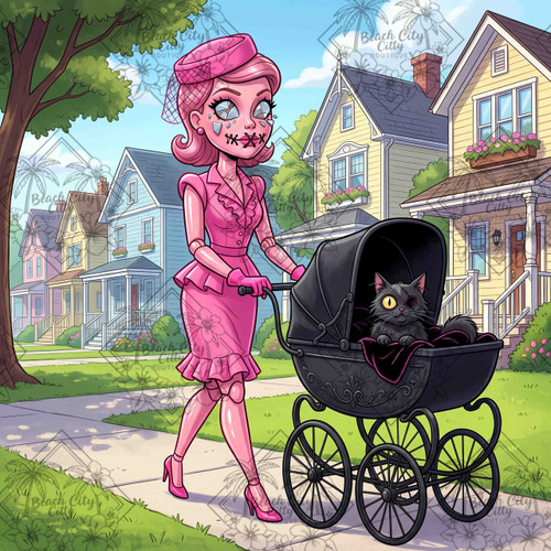 Summer Stroll by Kristin Schwenke Block featuring a vintage doll pushing a gothic baby carriage with a one-eyed black cat through a suburban neighborhood.