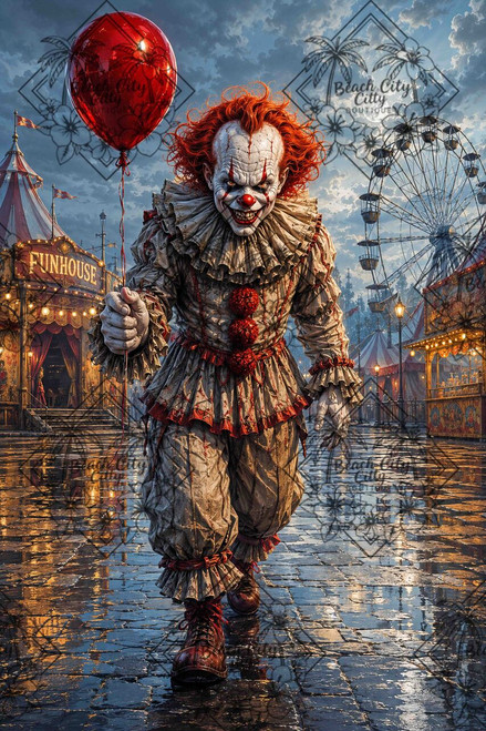 Creepy horror clown holding a red balloon walking through an abandoned carnival at night.