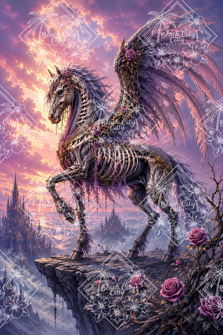 Skeletal Pegasus with tattered wings standing on a cliff overlooking a gothic fantasy kingdom at sunset.