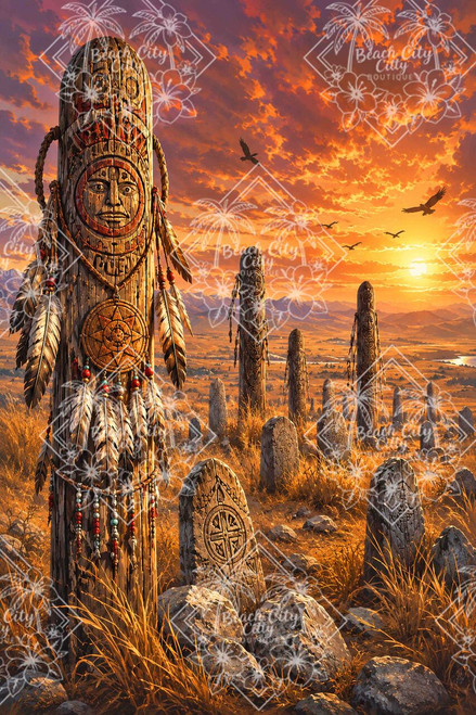 Ancient carved totem poles standing across a prairie at sunset with ravens flying overhead and mountains in the distance.