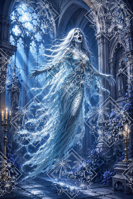 Ghostly banshee floating inside an abandoned gothic cathedral surrounded by blue roses and moonlight.
