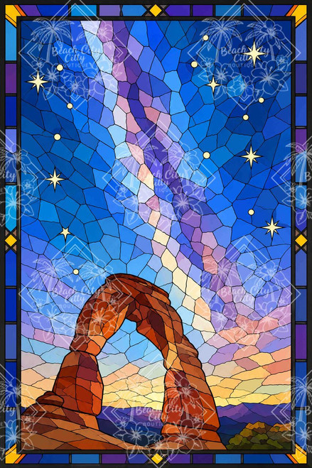 A vibrant stained-glass inspired illustration of Delicate Arch in Arches National Park, Utah beneath the brilliant Milky Way, showcasing glowing stars, colorful desert skies, and iconic red rock formations.