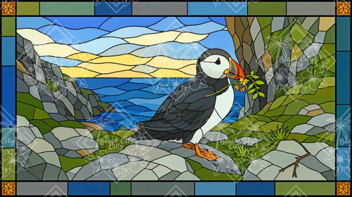An Atlantic puffin carrying delicate wildflowers while standing among rugged coastal cliffs overlooking the ocean in a colorful stained-glass inspired landscape by Ryleigh Sims Art.