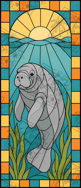Cute stained glass Florida manatee swimming beneath a glowing ocean sunrise with sea grass and soft tropical colors.