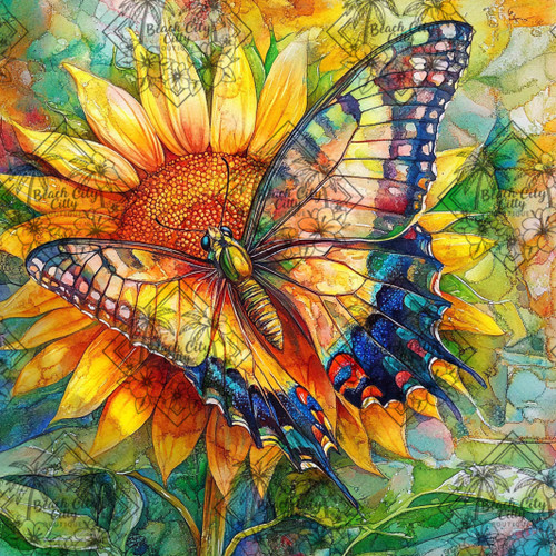 Sunflower Swallowtail Beauty by Sakura featuring a colorful swallowtail butterfly resting on a vibrant sunflower in watercolor style.