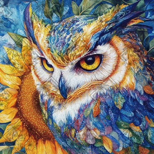 Sunflower Sentinel Owl by Sakura featuring a colorful owl with golden eyes beside a blooming sunflower in watercolor style.