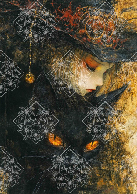 Witch's Familiar by Sakura featuring a gothic witch with a glowing-eyed black cat beneath an enchanted autumn atmosphere.