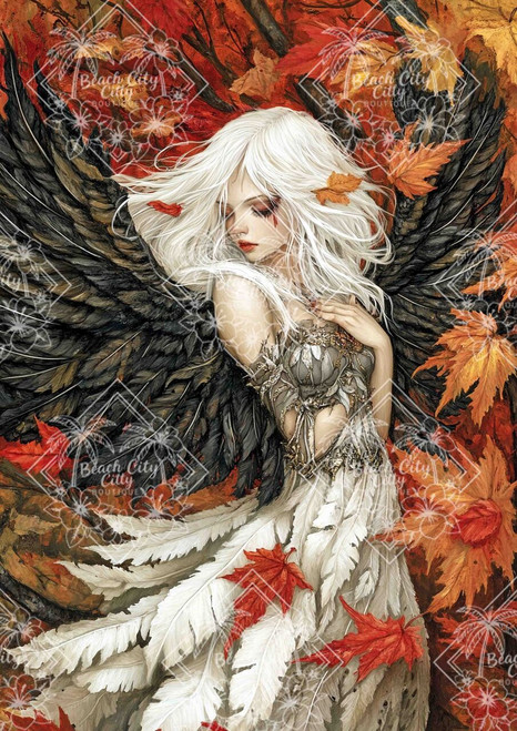 Autumn Fallen Angel by Sakura featuring a white-haired angel with black wings surrounded by colorful autumn leaves.
