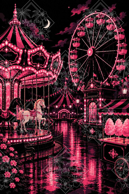 Pink and black nighttime carnival with carousel, Ferris wheel, crescent moon, carnival tents and cotton candy by Kelly Reins.