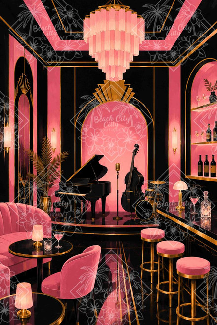 Glamorous pink, black and gold Art Deco jazz lounge with piano, upright bass, drums and vintage microphone by Kelly Reins.