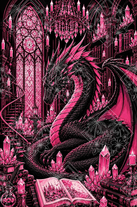 Black and pink dragon surrounded by glowing crystals, books, candles and stained glass inside a gothic library by Kelly Reins.