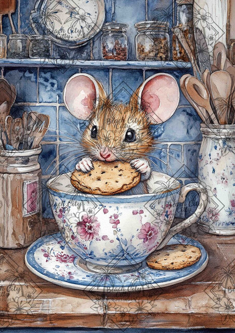 Mouse Cookie Café by Sakura featuring an adorable mouse sitting inside a floral teacup while eating a cookie in a vintage cottage kitchen.