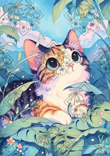 Dreaming Tropical Calico by Sakura featuring a wide-eyed calico kitten surrounded by lush monstera leaves beneath a dreamy pastel sky.