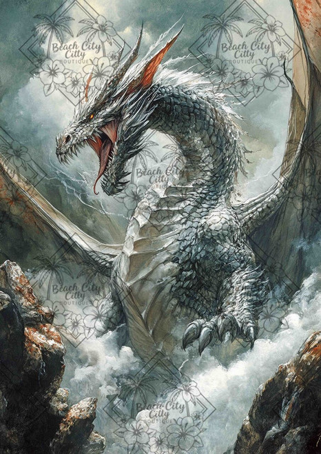 Stormborn White Dragon by Sakura featuring a powerful white dragon emerging from storm clouds among towering mountain cliffs.