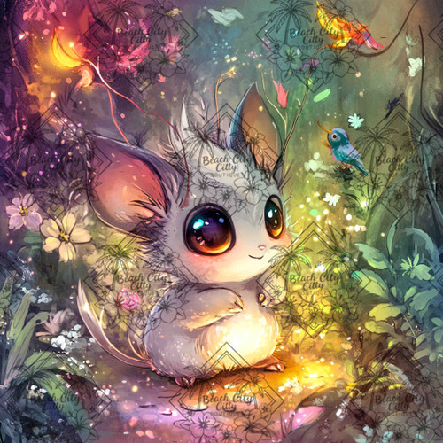 Fairy Glow Friend by Sakura featuring an adorable fantasy mouse glowing softly in an enchanted forest filled with flowers and fairy lights.