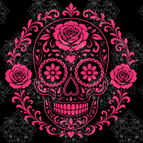 Pink and black sugar skull decorated with roses, floral eyes, hearts and ornate botanical scrollwork.