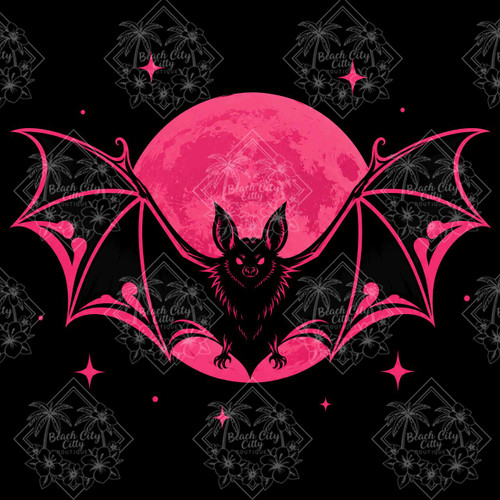 Black bat with wide wings flying before a glowing pink full moon with pink stars on black.