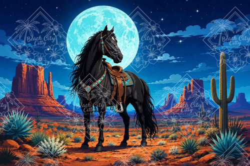 Powerful black horse beneath a huge turquoise moon with turquoise tack, red-rock mesas, agave and desert flowers by Kelly Reins.