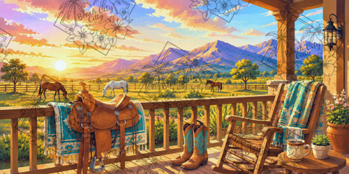 Western ranch porch at sunrise with coffee mug, saddle, cowboy boots, turquoise blanket, grazing horses and mountains by Kelly Reins.