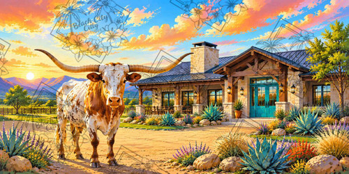 Texas longhorn with sweeping horns standing before a modern stone and timber ranch house with turquoise door by Kelly Reins.