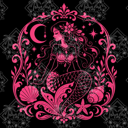Elegant pink and black mermaid beneath a crescent moon surrounded by stars, seashells and ornamental flourishes by Kelly Reins.