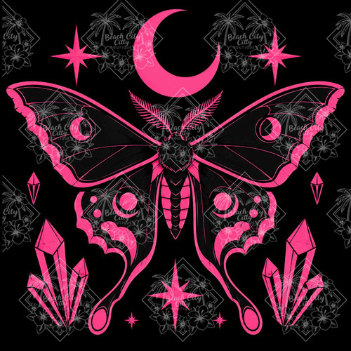 Black and pink celestial moth beneath a crescent moon surrounded by stars and pink crystals by artist Kelly Reins.
