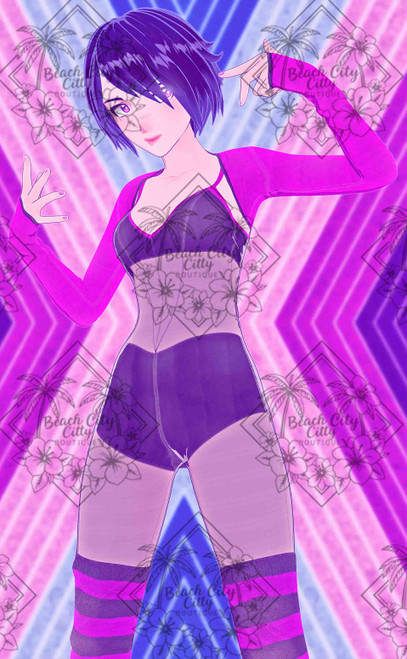 Anime-inspired young woman with short purple hair posing against a neon pink, purple and blue geometric background.