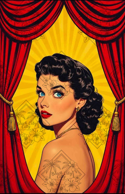 Vintage-inspired brunette woman with blue eyes and red lipstick framed by dramatic red theater curtains against a golden background.