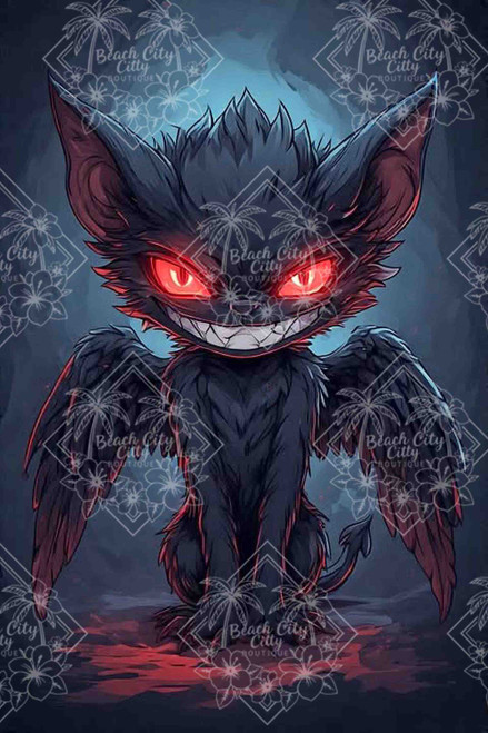 Dark fantasy black cat with feathered wings, glowing red eyes and a wicked grin against a smoky blue and black background.