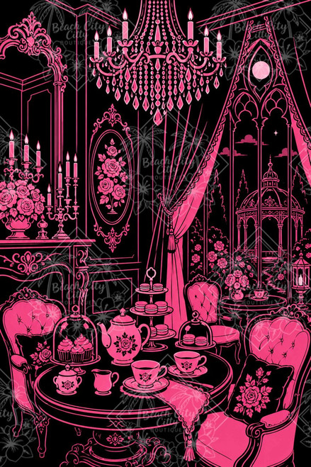 Pink and black gothic tea room with teapot, teacups, macarons, roses, chandelier and moonlit garden by Kelly Reins.