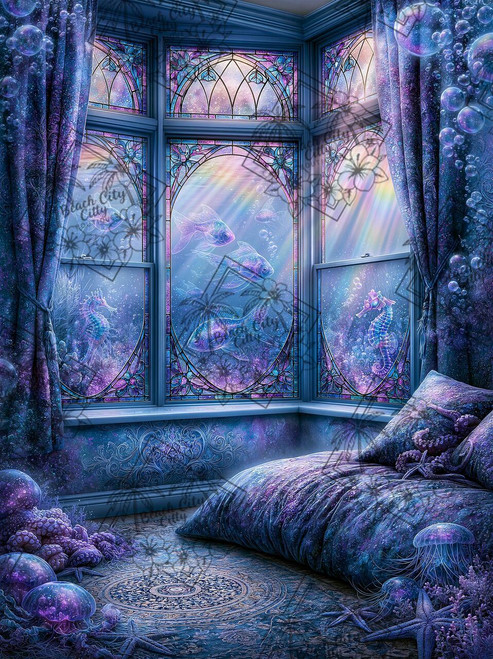 Underwater Stained Glass Window by Sandrietta featuring stained glass windows overlooking magical fish, seahorses, coral reefs, and ocean light.
