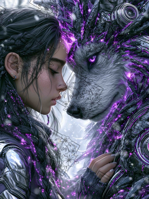 Soulbound Crystal Wolf by Sandrietta featuring a young woman touching foreheads with a glowing crystal wolf in a snowy fantasy landscape.