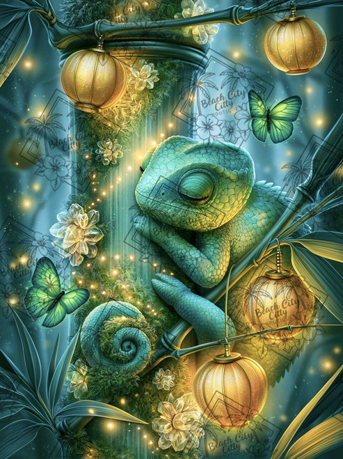 Sleeping Lantern Chameleon by Sandrietta featuring a sleeping green chameleon hugging bamboo beneath glowing lanterns and butterflies.