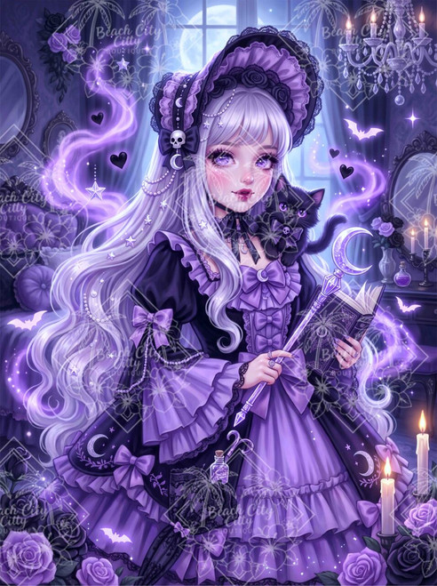 A silver-haired gothic lolita girl in an elaborate lavender and black ruffled dress holds a crescent moon wand and spell book beside a black kitten in a moonlit Victorian room by Dreamy Witch.