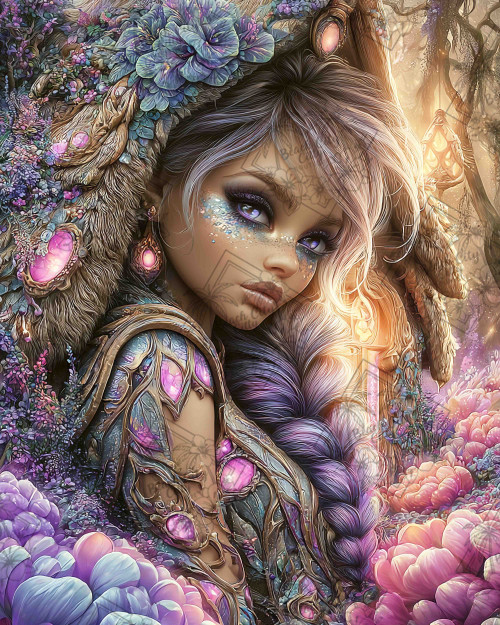 Elly AI fantasy woman with lavender braided hair, jeweled armor, glowing pink crystals, blue flowers, and enchanted forest details