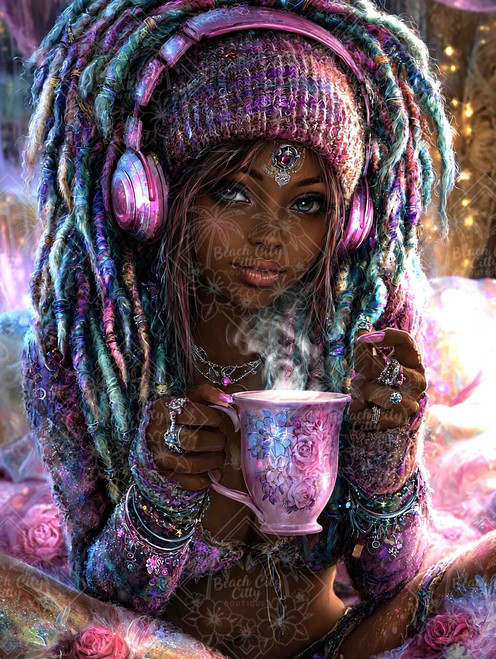 Elly AI bohemian woman with colorful dreadlocks and pink headphones holding steaming floral teacup in vibrant neon setting